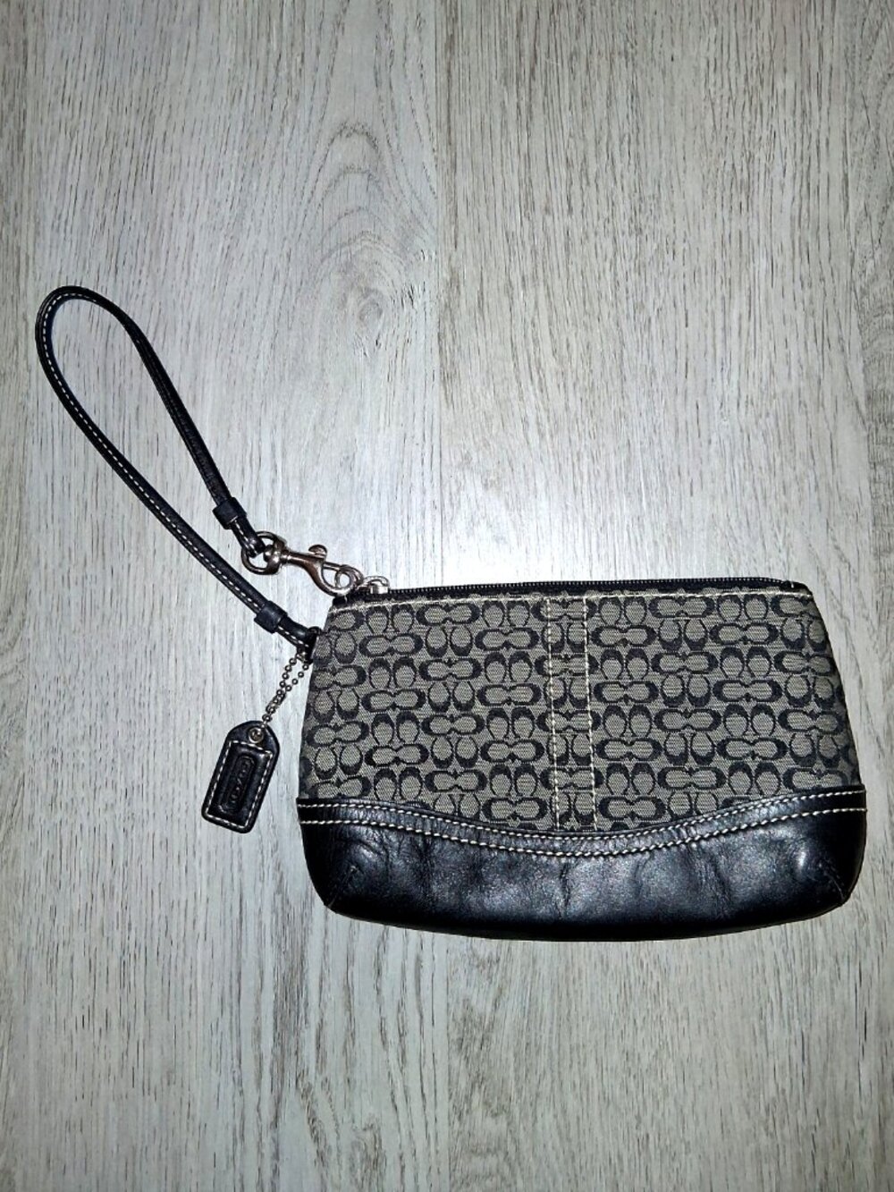 Coach Signature Jacquard Monogram Logo Black Wristlet Strap Zipper Pouch Bag